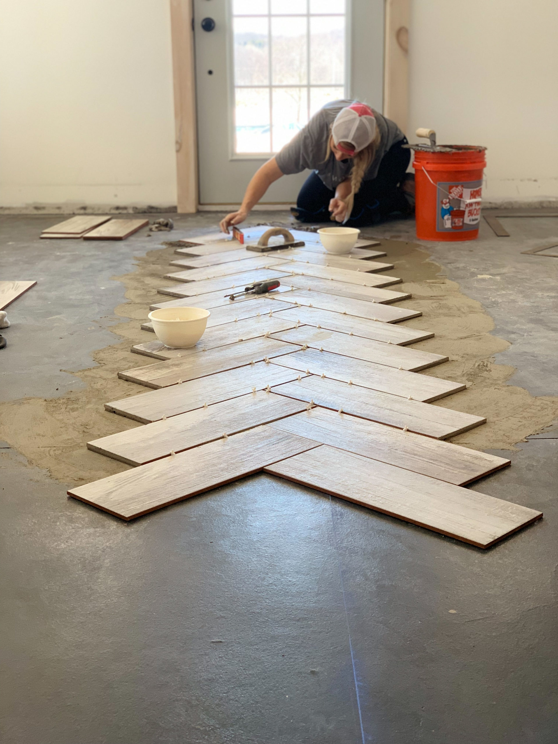 DIY Herringbone Tile Flooring Fletcher Creek Cottage